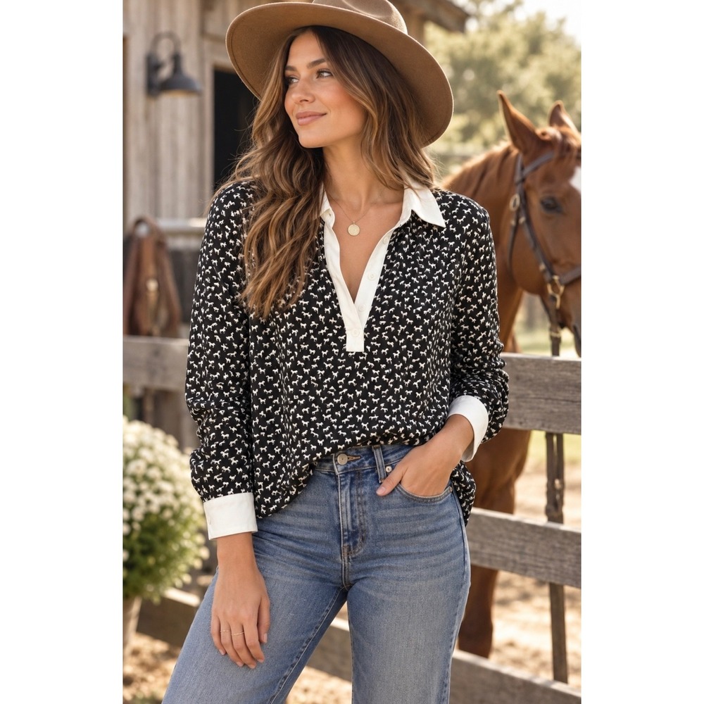 Free People Horse Print Blouse Black White Equestrian V-Neck Top XS